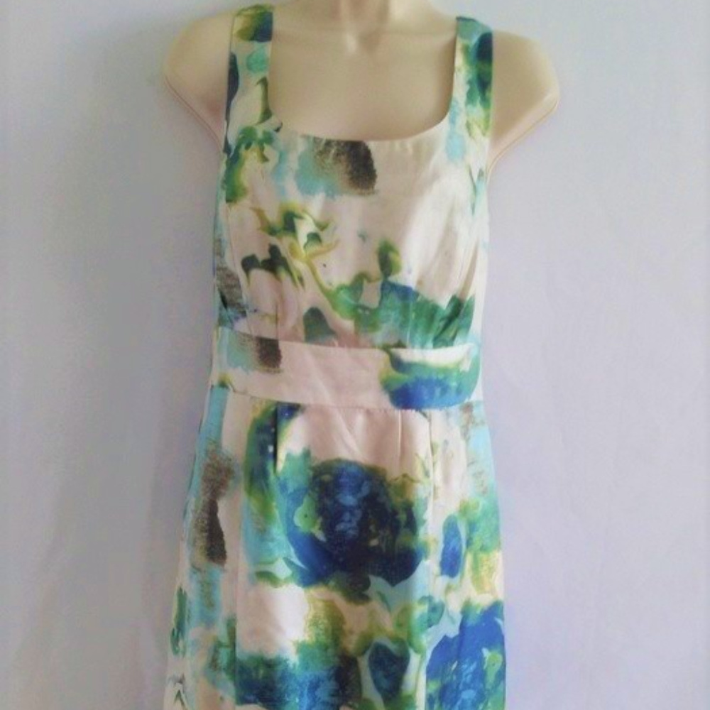 Banana Republic Cream Floral Watercolor Midi Dress with Blue and Green Accents